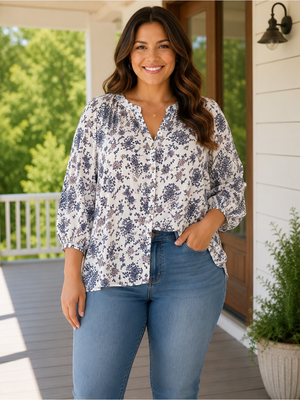Le Serein Floral Button Front Ditsy Print Blouse - 2X